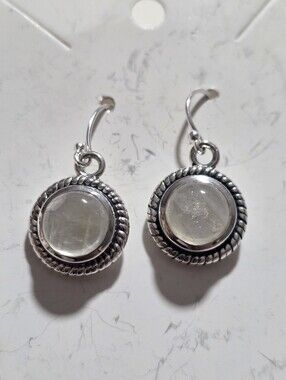 Sterling Silver Round Rainbow Moonstone Drop Earrings -
